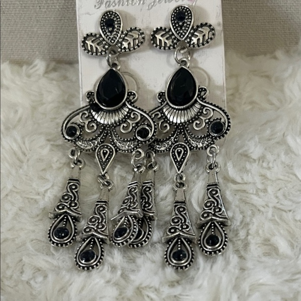 Elegant Black and Silver Chandelier Earrings